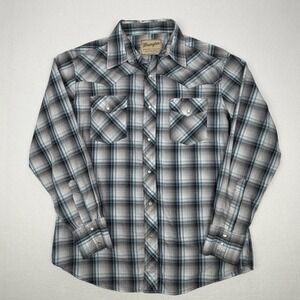 Wrangler Western Fashion Grey Blue Plaid Pearl Snap Shirt Mens Large